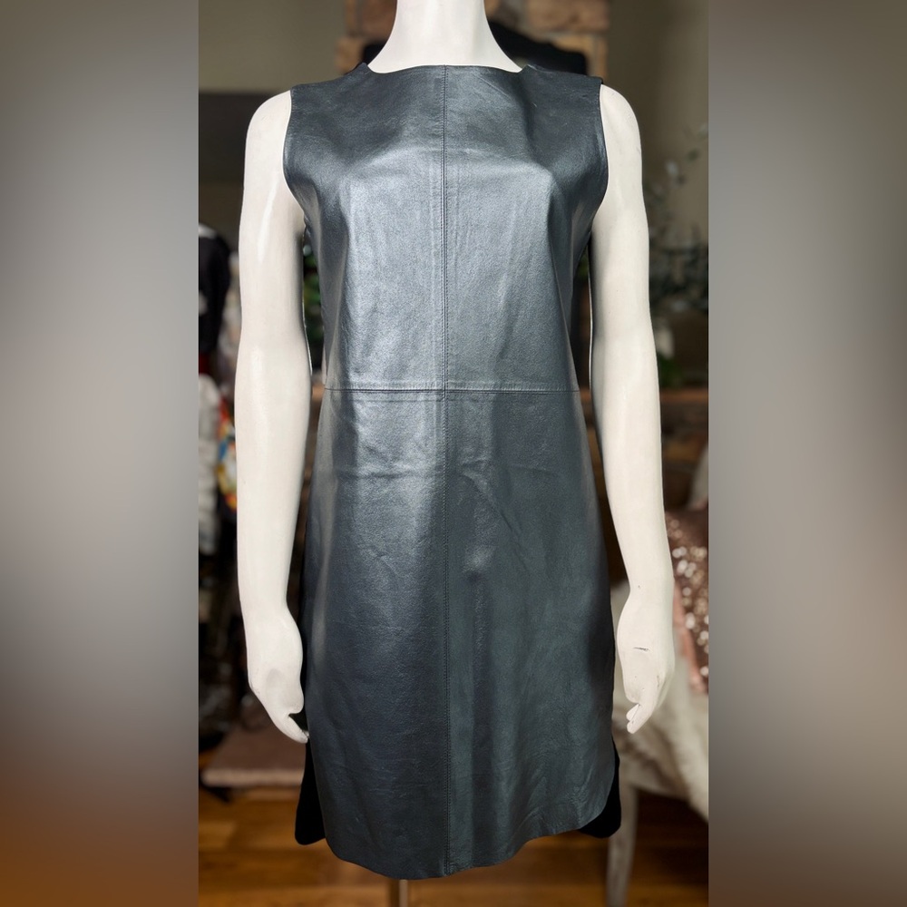 My Tribe Gunmetal Leather Sleeveless Shift Dress w/ Full Back Double Zip, Sz M